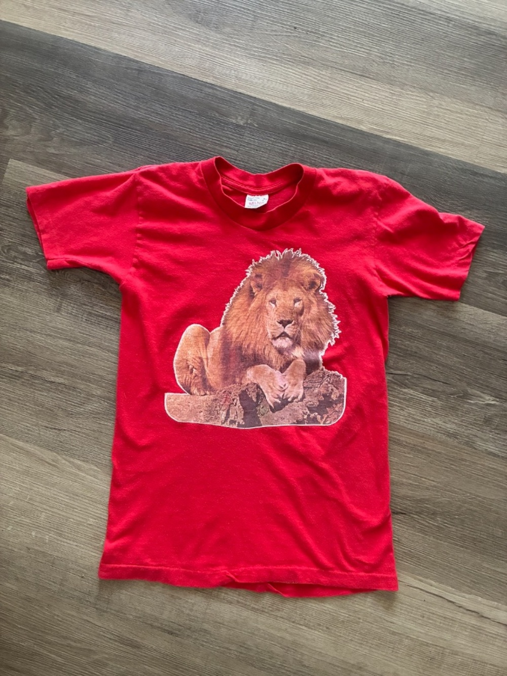 VTG  1970s Red T Shirt w Lion Boys 14-16 Womens xS S